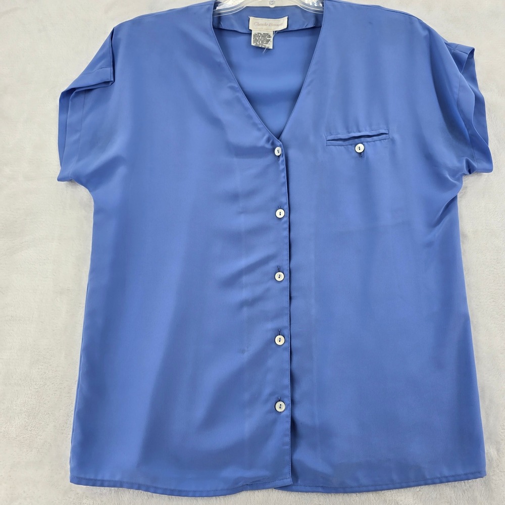 Claude‎ Bennett Blouse Womens M Blue Button Up Short Sleeve V-Neck Vintage